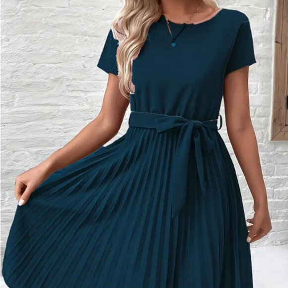 Dark Blue Fit Flare Dress with Pleated Skirt - Picture 1 of 4